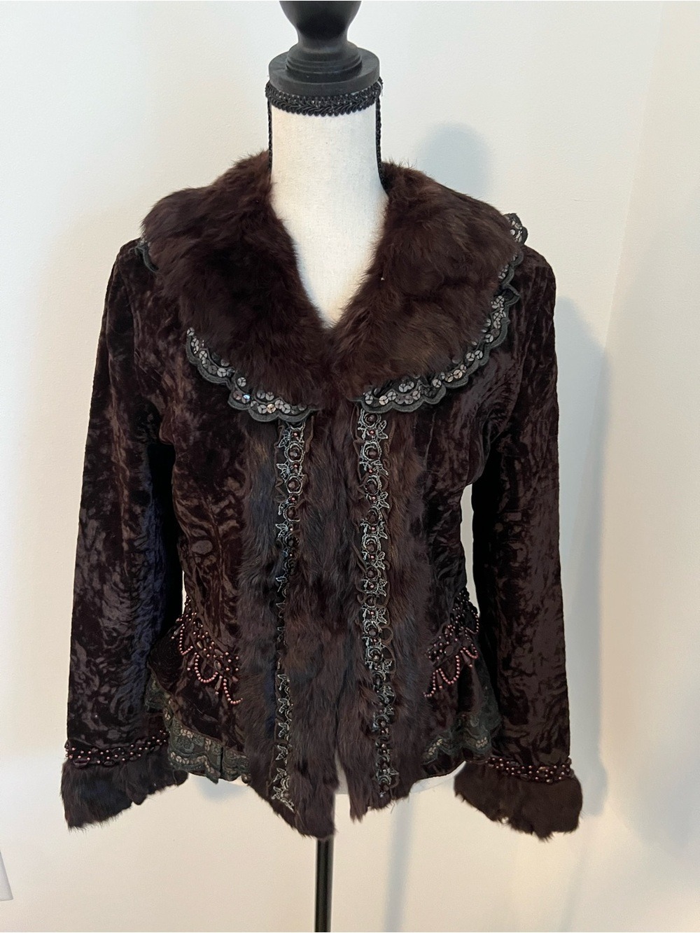 Vintage Real Rabbit Fur Collar Brown Velvet Beaded Sequin Jacket Size S Mobwife